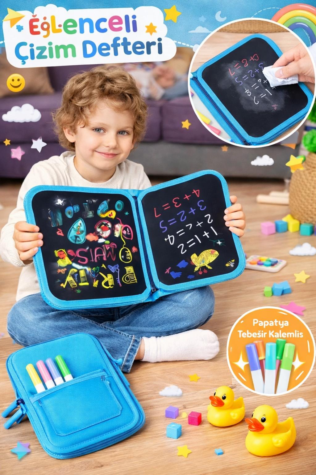 Eğitici Silinebilir Çocuklar İçin Çizim Defteri - 6 Kalem Hediyeli