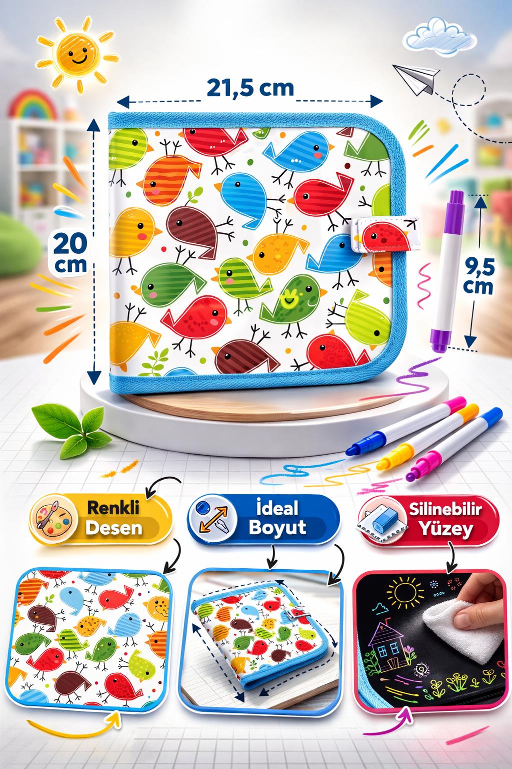 Eğitici Silinebilir Çocuklar İçin Çizim Defteri - 6 Kalem Hediyeli
